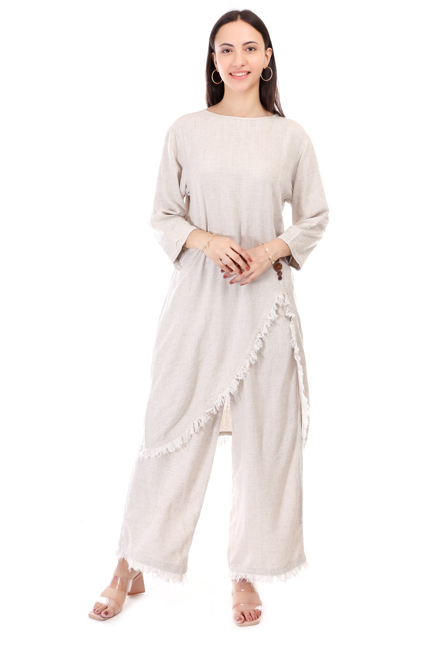Huegenz Women's Beige Two-Piece Co-Ord Set in Viscose Linen