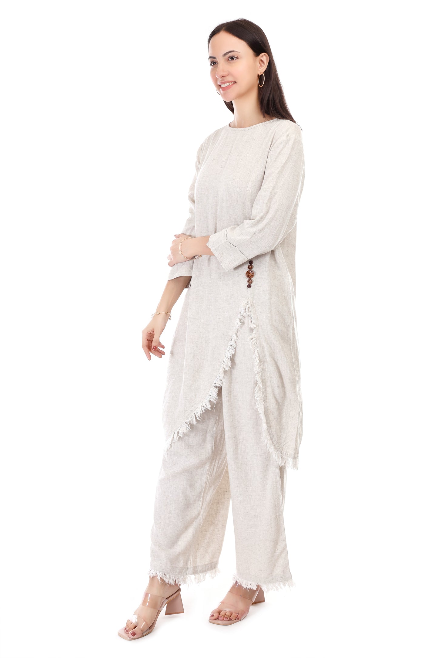 Huegenz Women's Beige Two-Piece Co-Ord Set in Viscose Linen