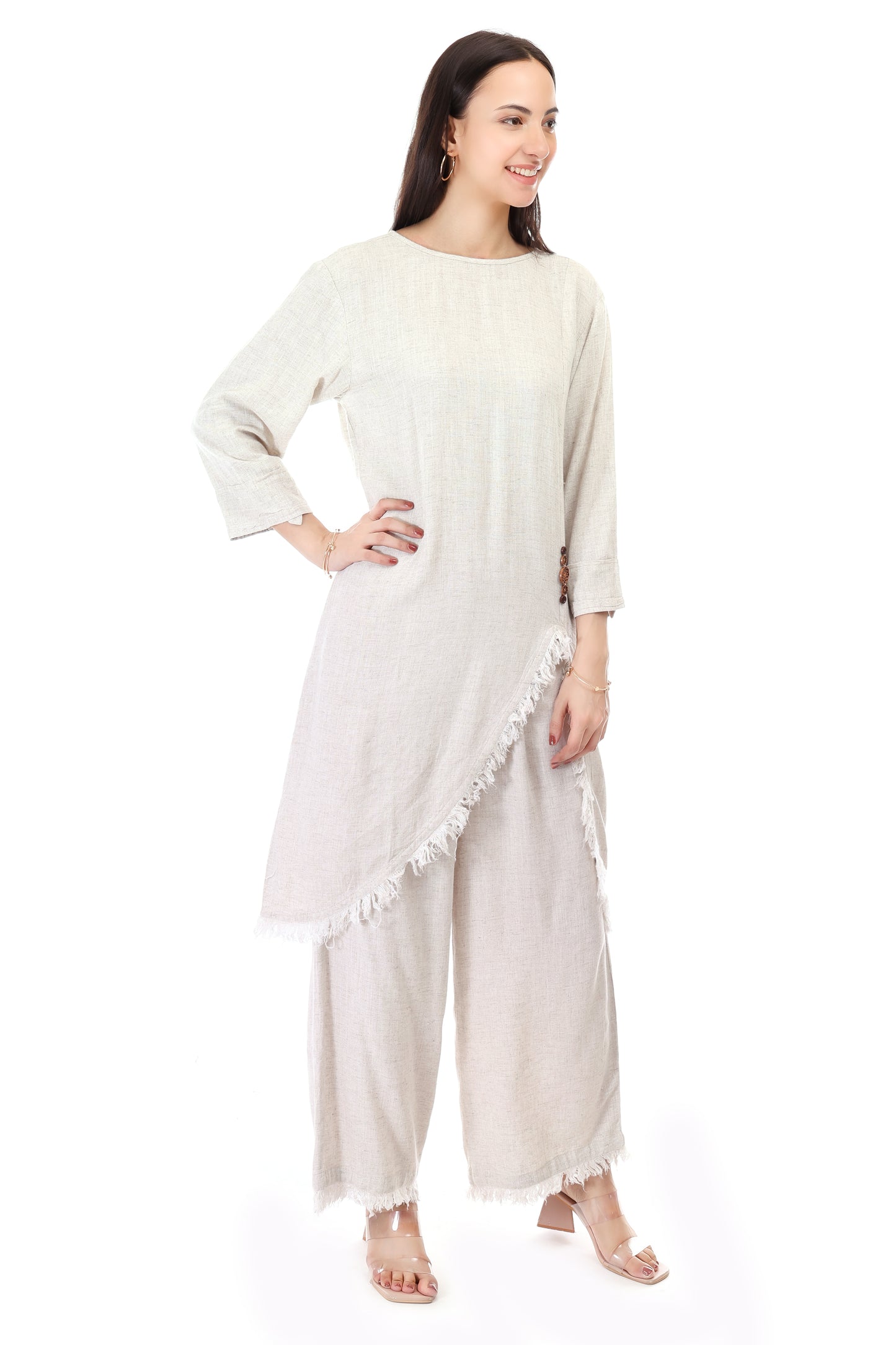 Huegenz Women's Beige Two-Piece Co-Ord Set in Viscose Linen