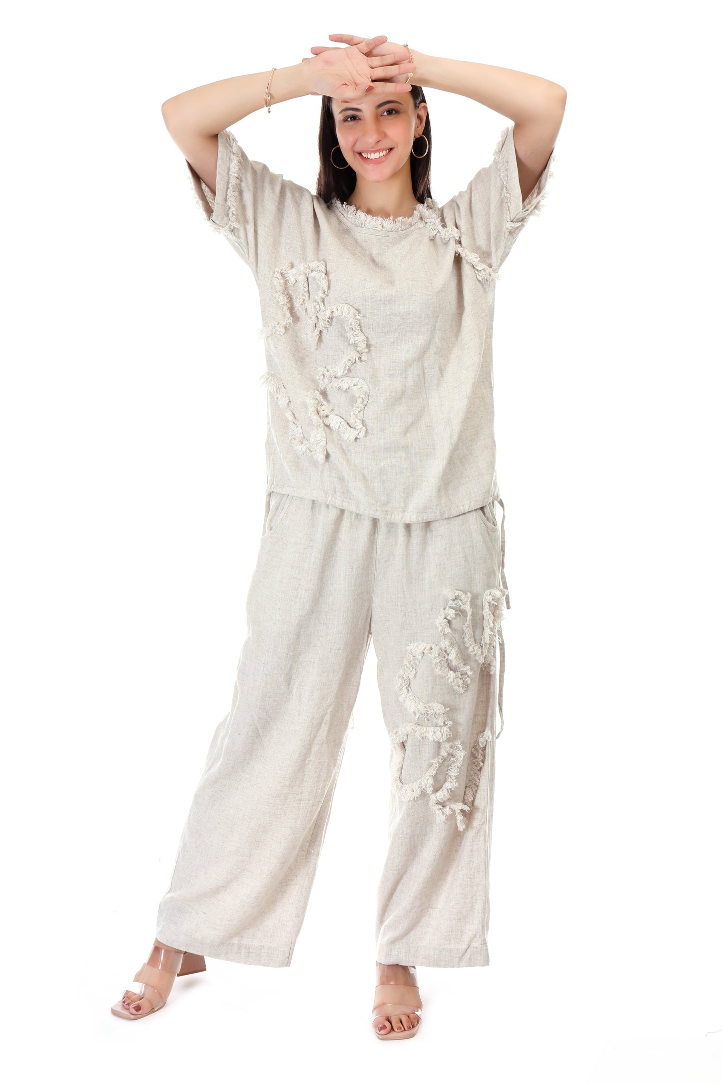 Huegenz Women's Beige Two-Piece Co-Ord Set in Viscose Linen