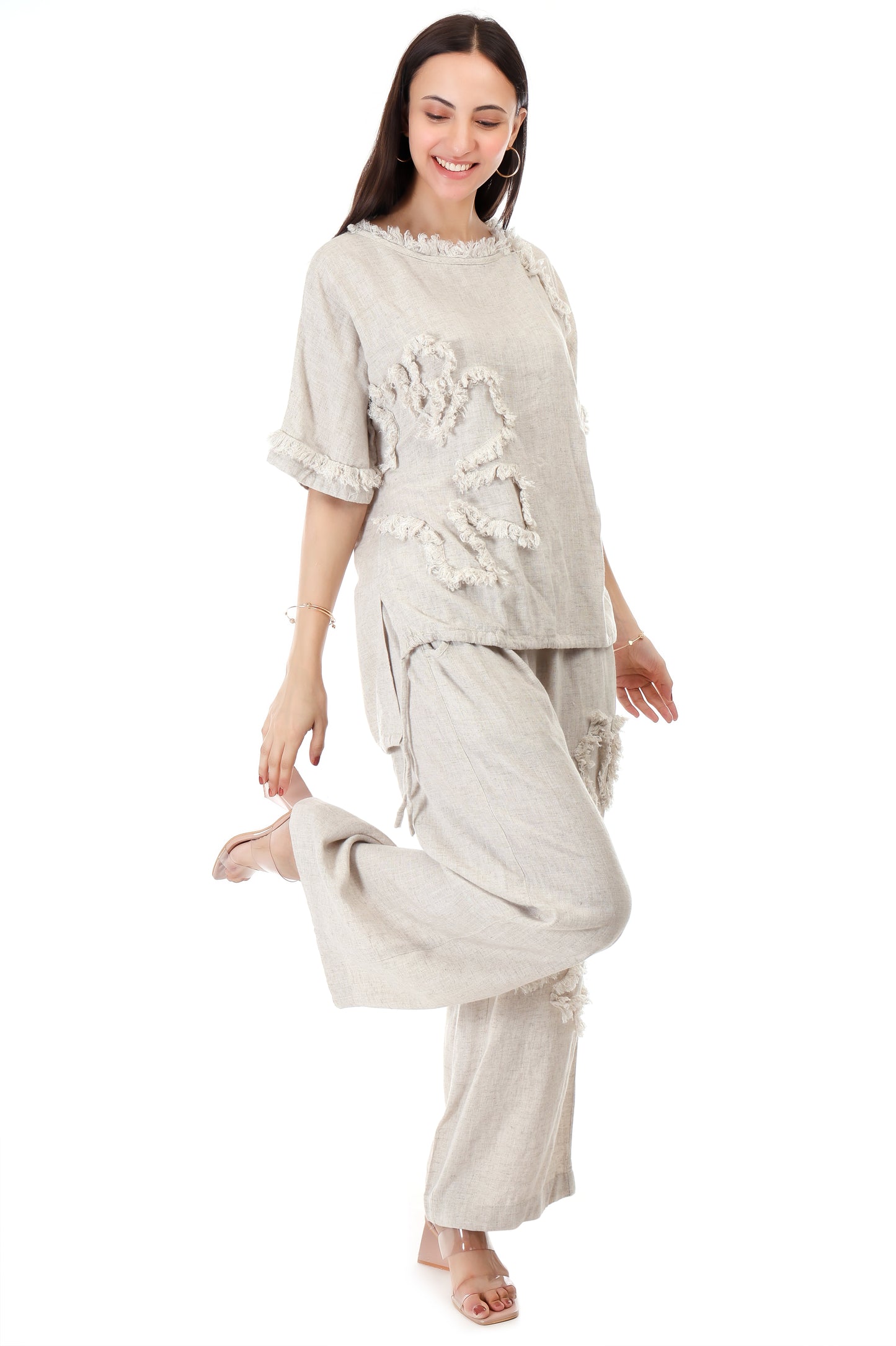 Huegenz Women's Beige Two-Piece Co-Ord Set in Viscose Linen