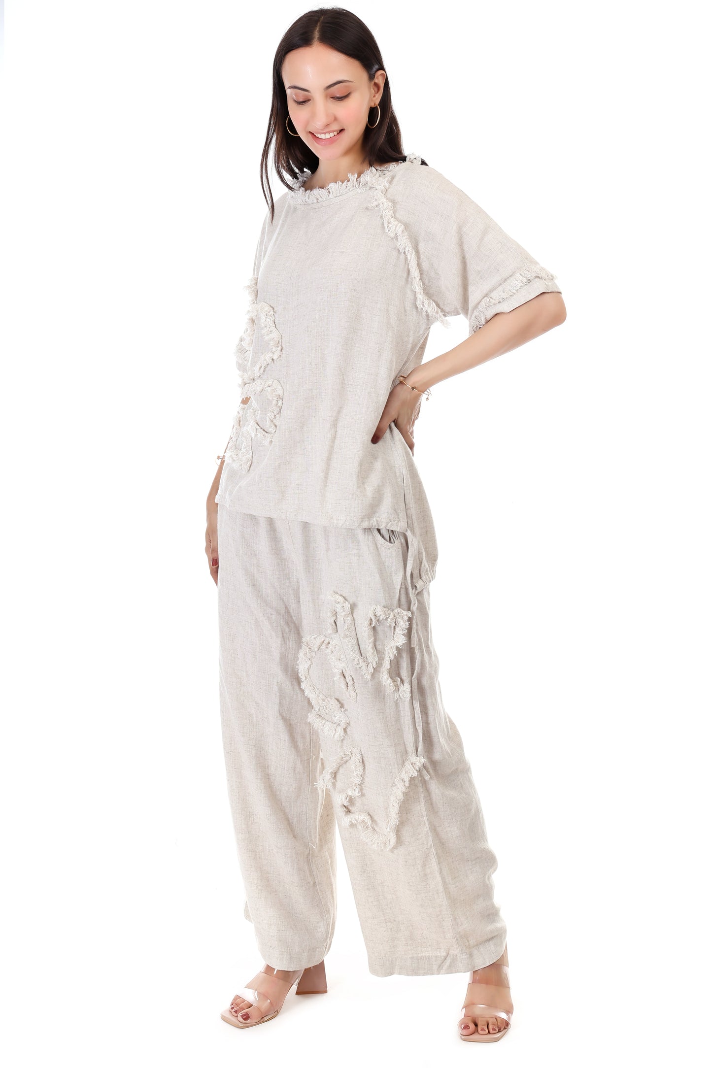 Huegenz Women's Beige Two-Piece Co-Ord Set in Viscose Linen