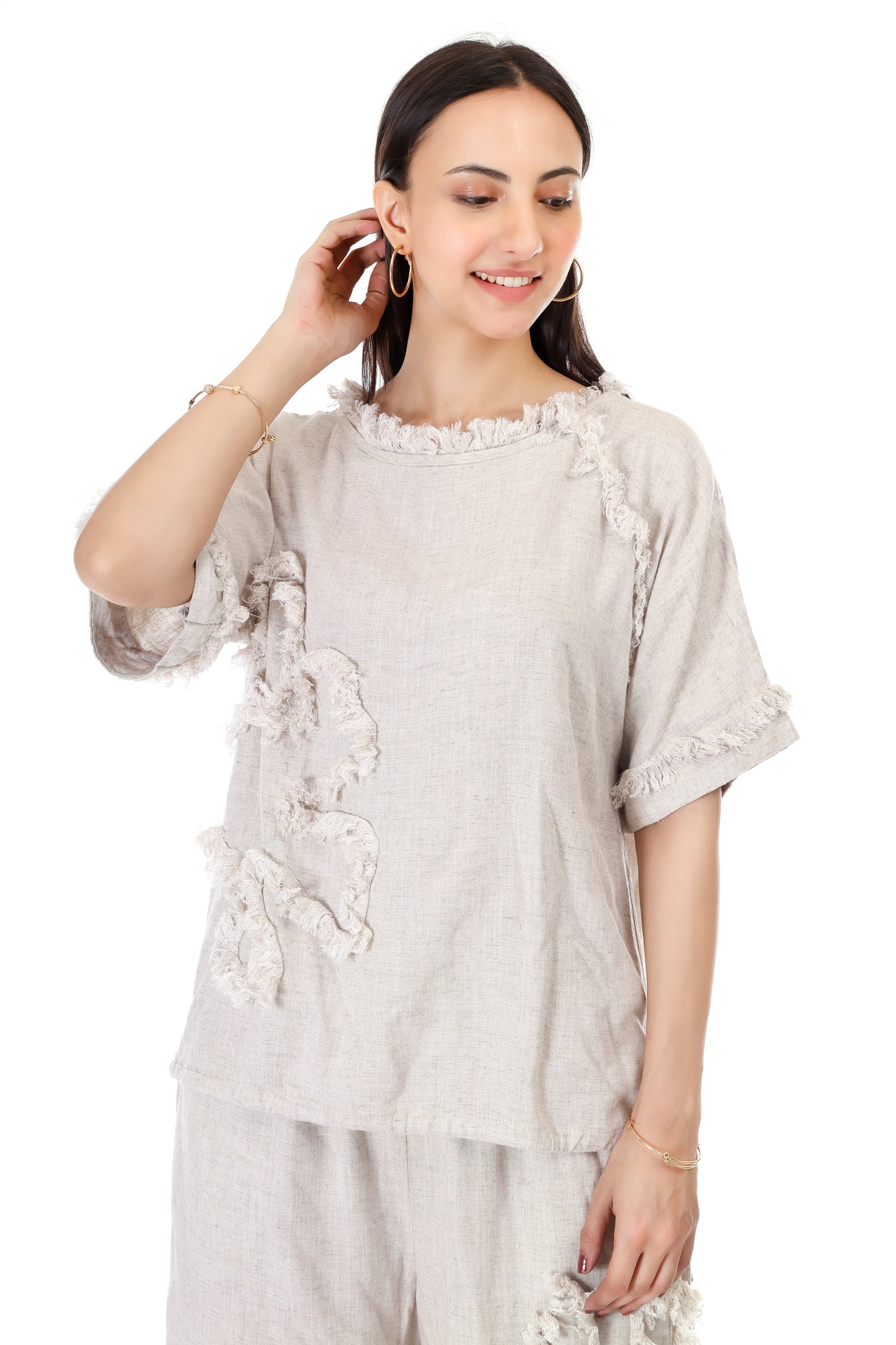 Huegenz Women's Beige Two-Piece Co-Ord Set in Viscose Linen