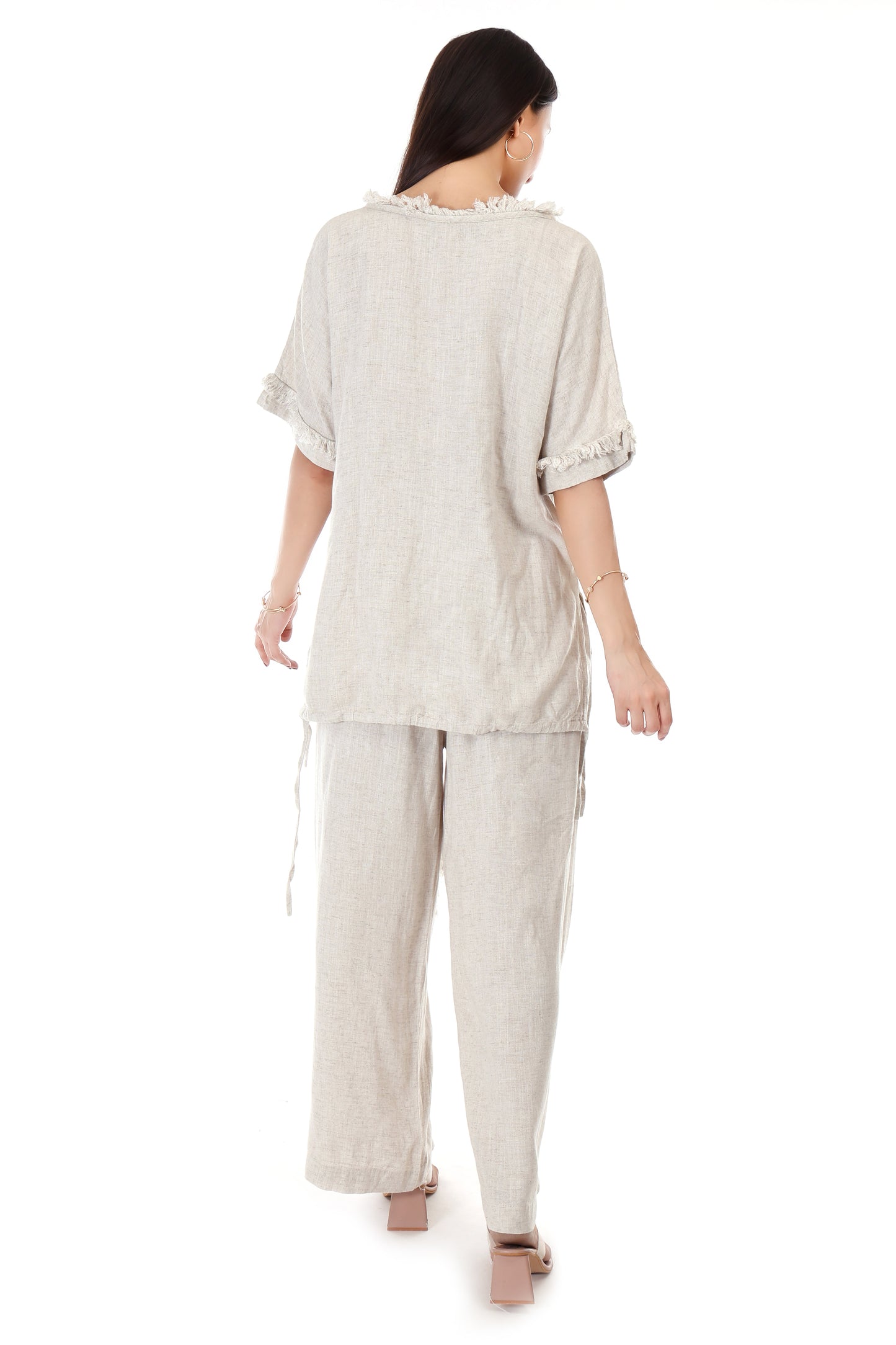 Huegenz Women's Beige Two-Piece Co-Ord Set in Viscose Linen