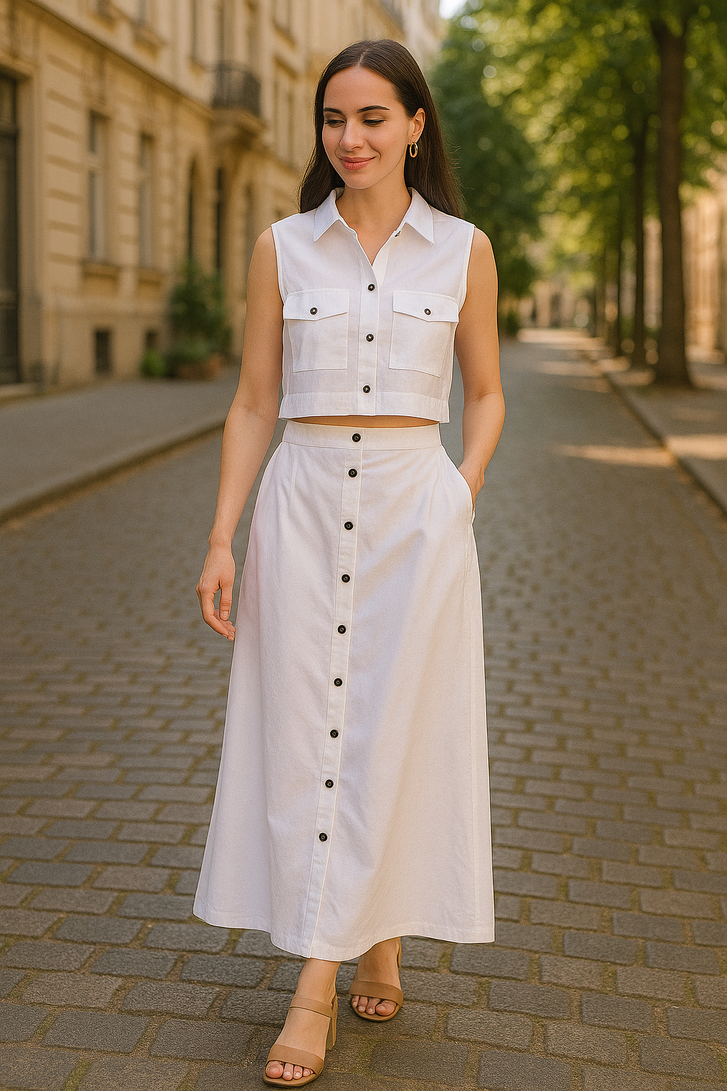 HUEGENZ Two-Piece White Cotton Set, Sleeveless Crop Top with Collar, Button-Down Maxi Skirt