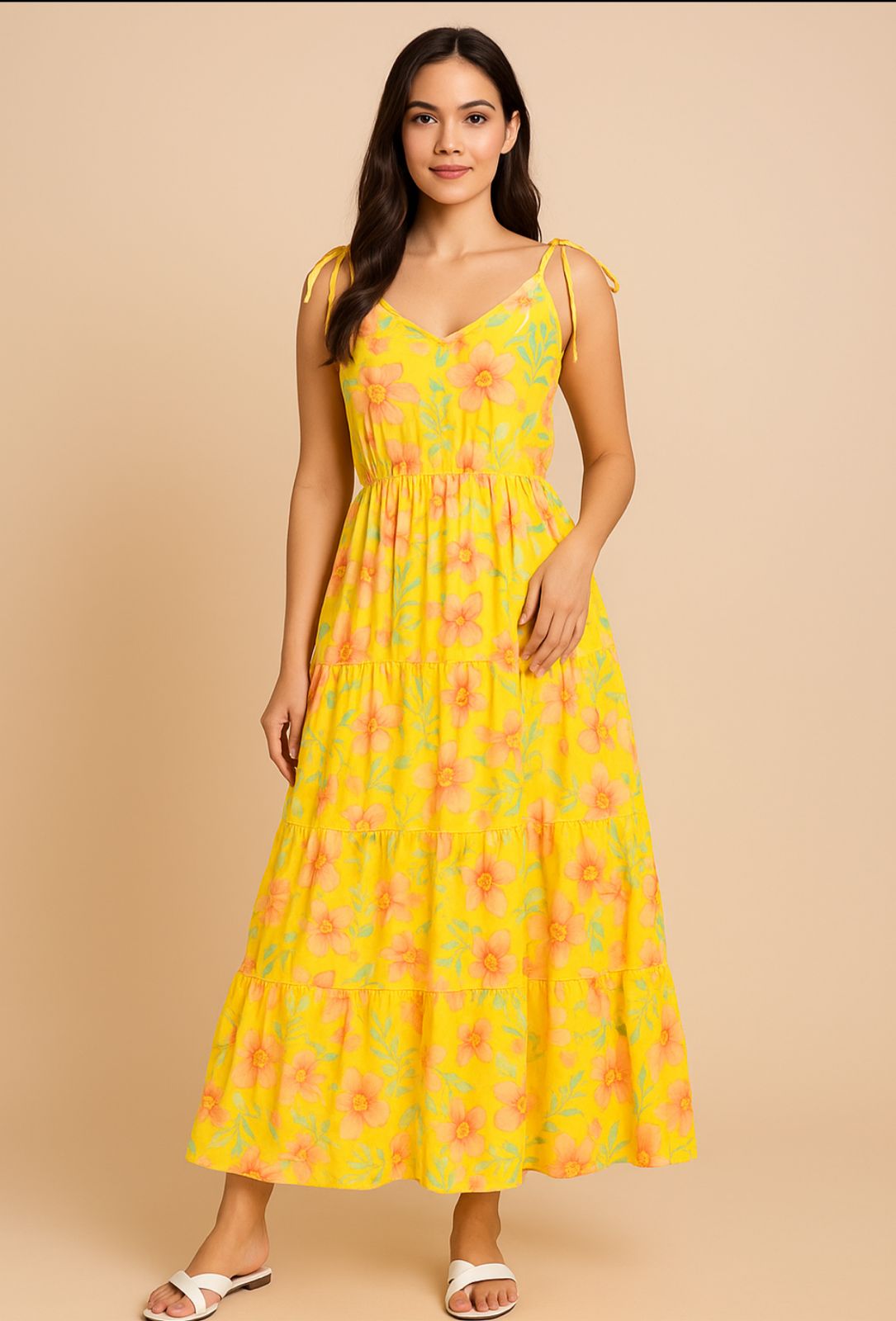 Women’s Yellow Floral Crepe Maxi Dress