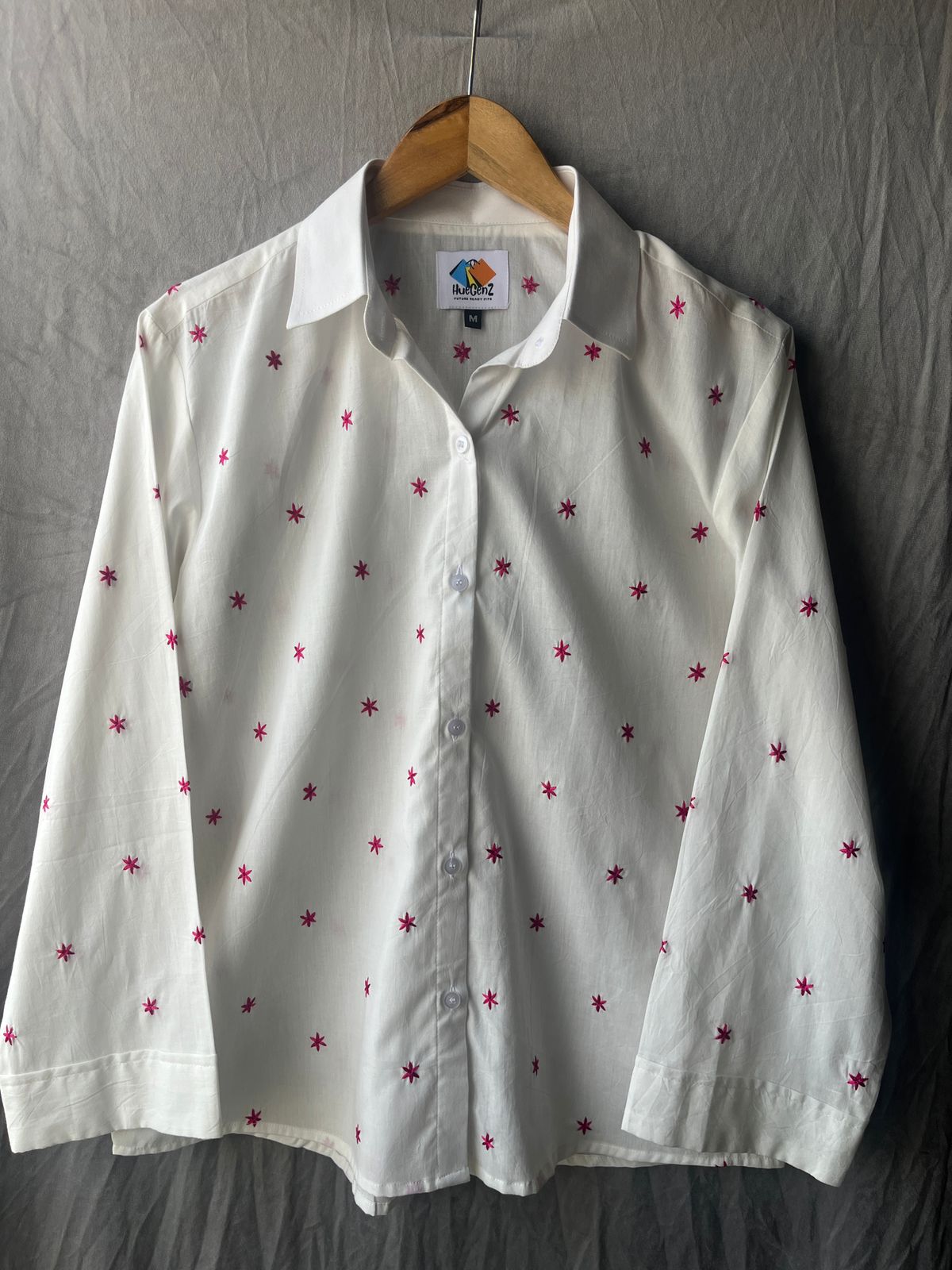 Huegenz White Cotton Shirt with Blue Star Embroidery