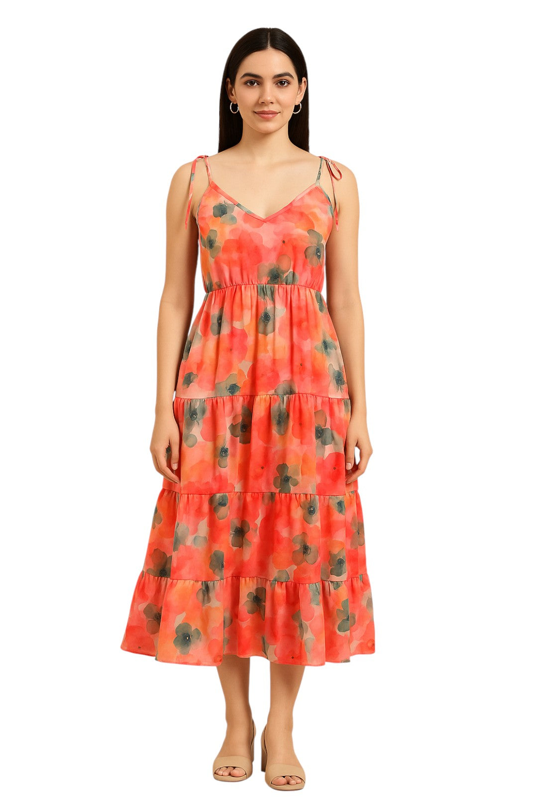 Peach Floral Tiered Maxi Dress – Crepe Fabric