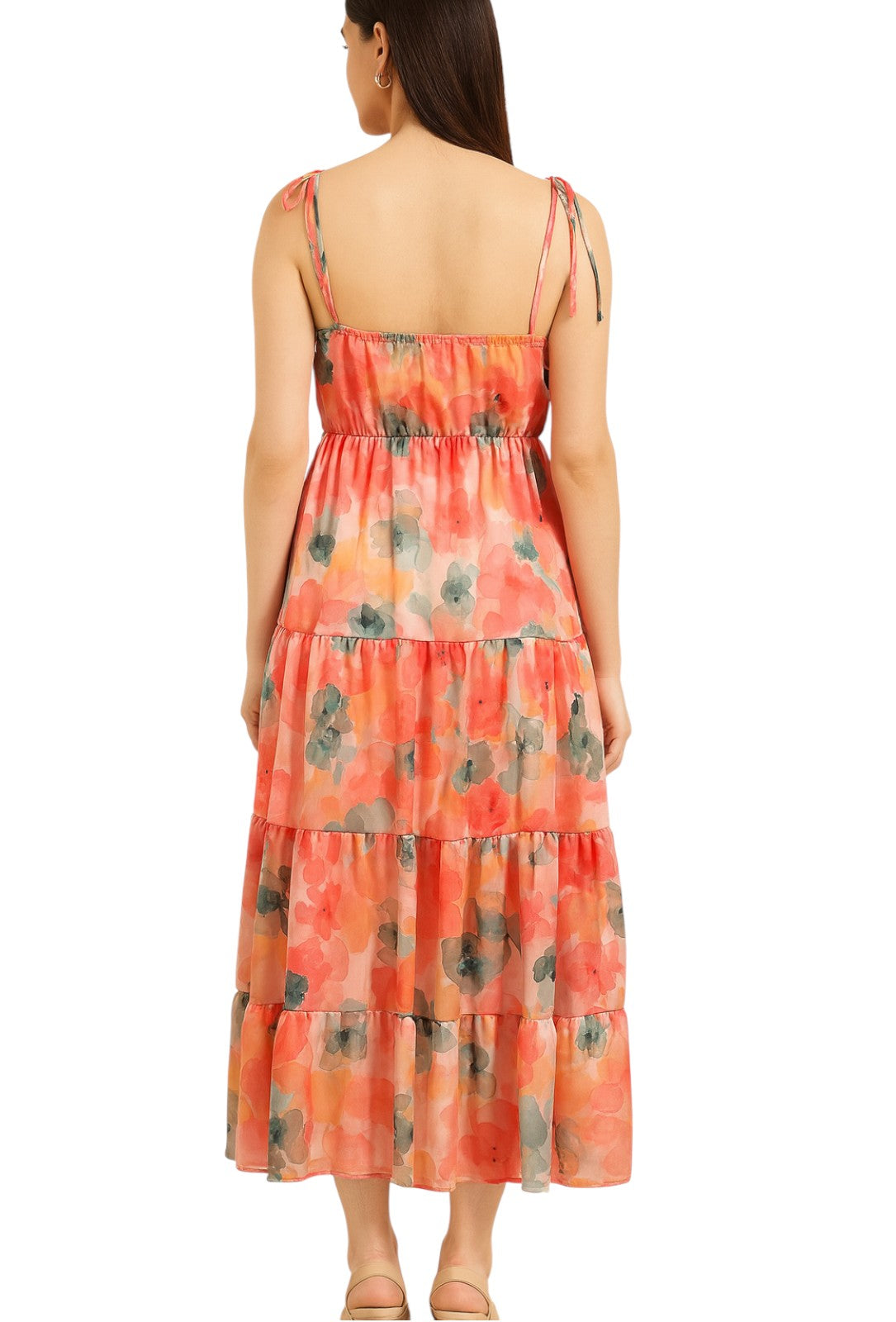 Peach Floral Tiered Maxi Dress – Crepe Fabric