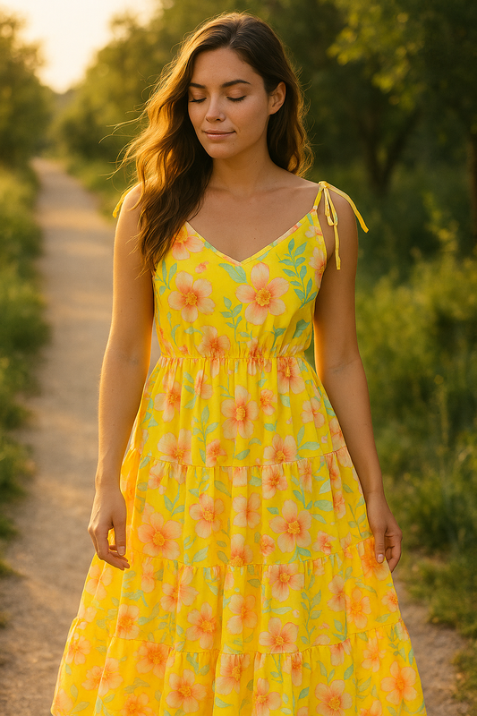 Women’s Yellow Floral Crepe Maxi Dress