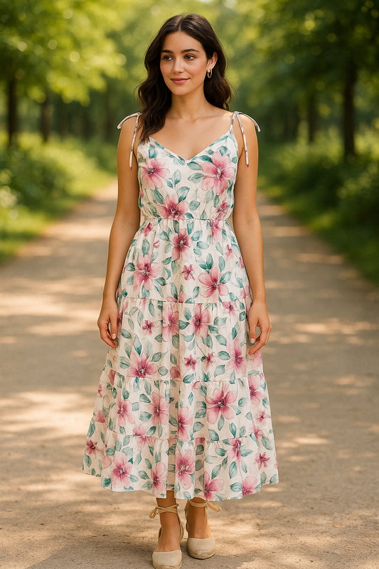 Grey Floral Tiered Maxi Dress – Crepe Fabric