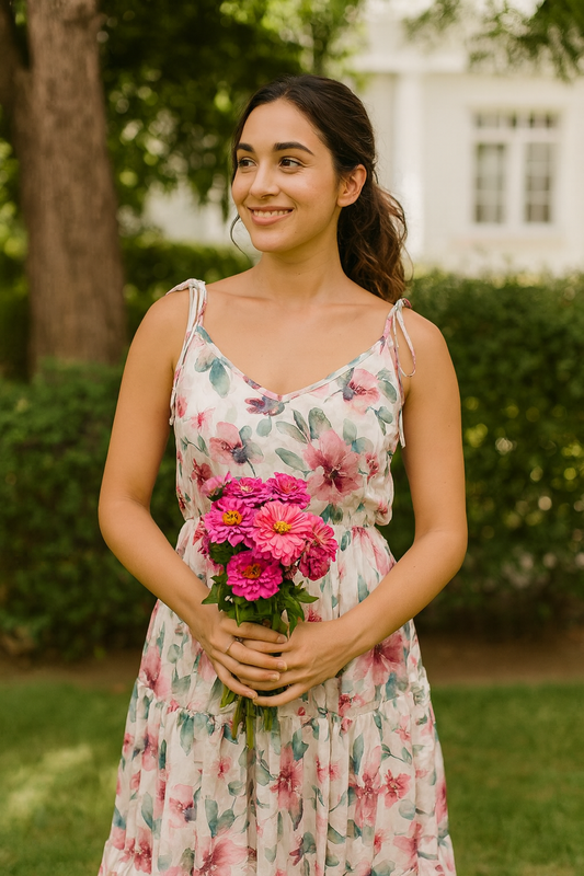 Grey Floral Tiered Maxi Dress – Crepe Fabric