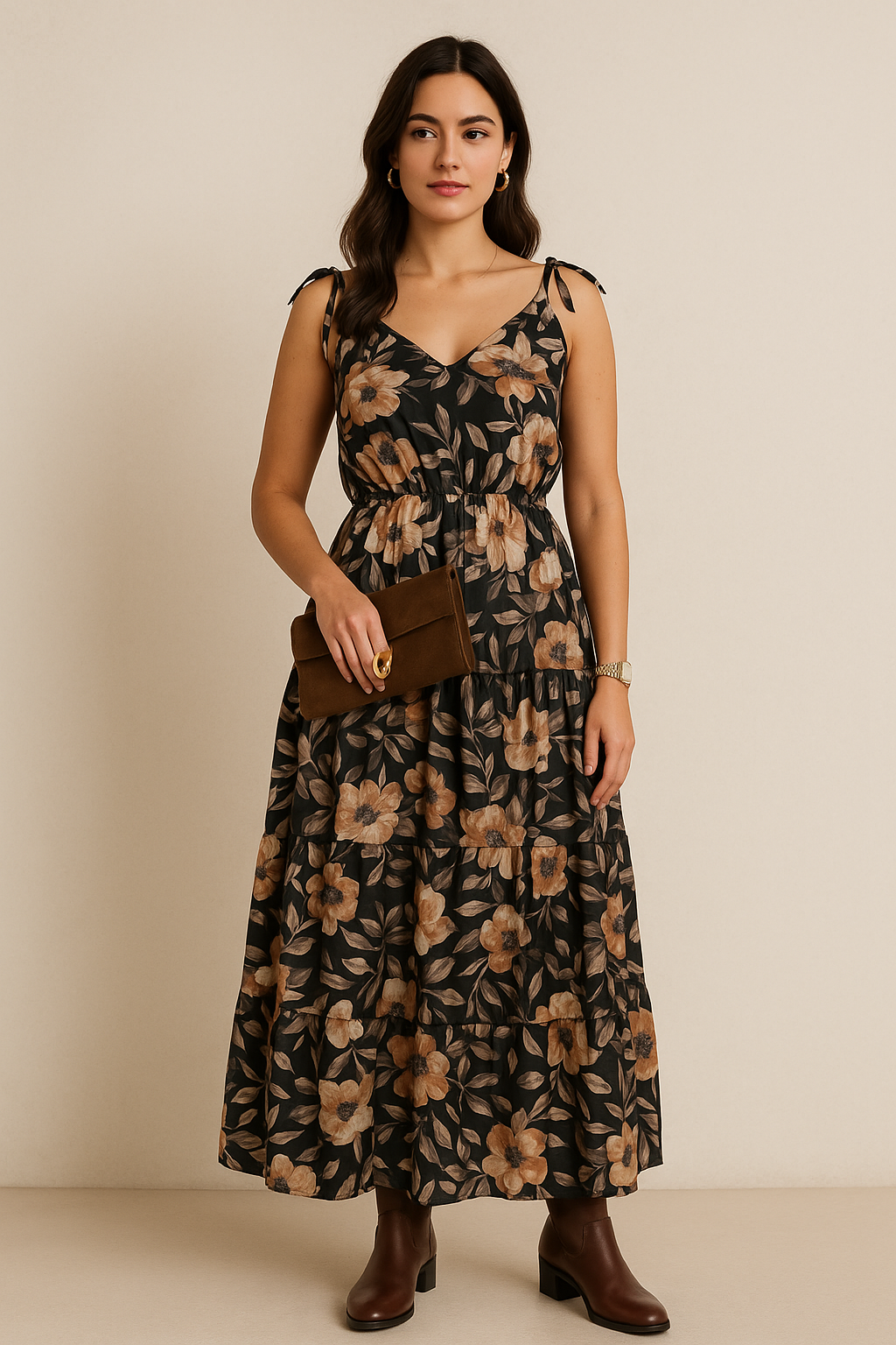 Floral Printed Tiered Maxi Dress with Shoulder Tie Straps