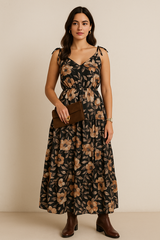 Floral Printed Tiered Maxi Dress with Shoulder Tie Straps