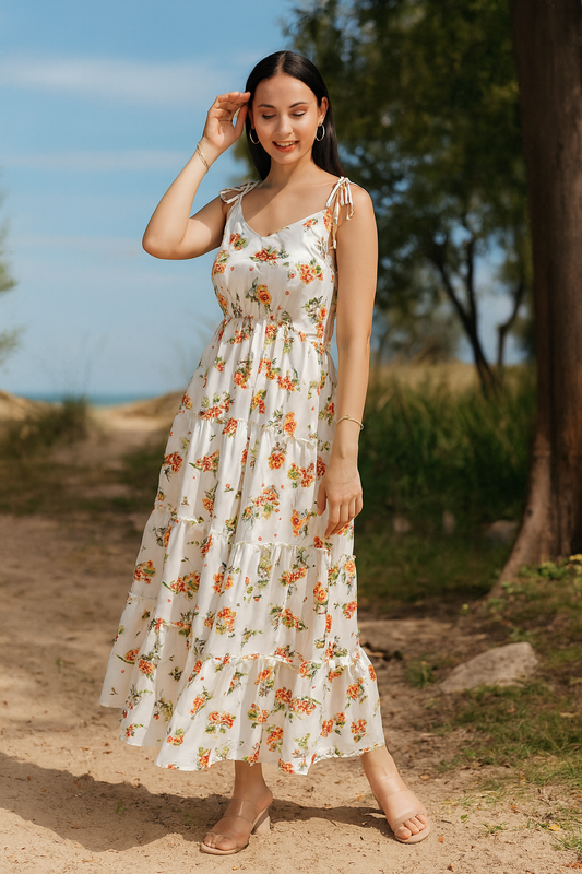 Floral Tiered Maxi Dress with Shoulder Tie Straps – Poly Crepe