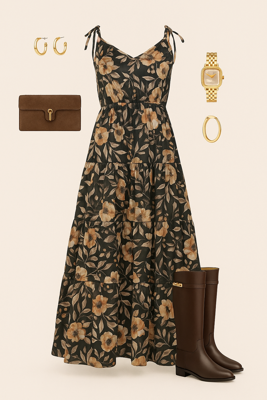 Floral Printed Tiered Maxi Dress with Shoulder Tie Straps
