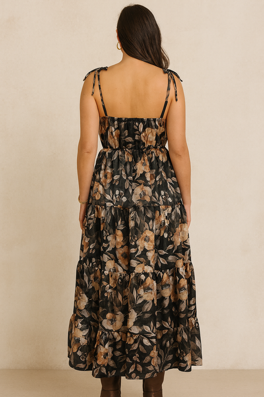 Floral Printed Tiered Maxi Dress with Shoulder Tie Straps