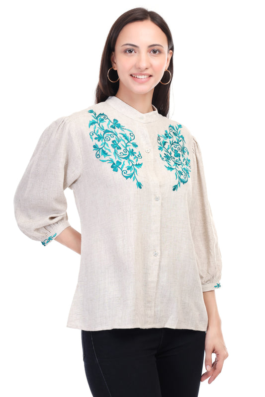 HUEGENZ Beige Women's Floral Embroidered Linen Top