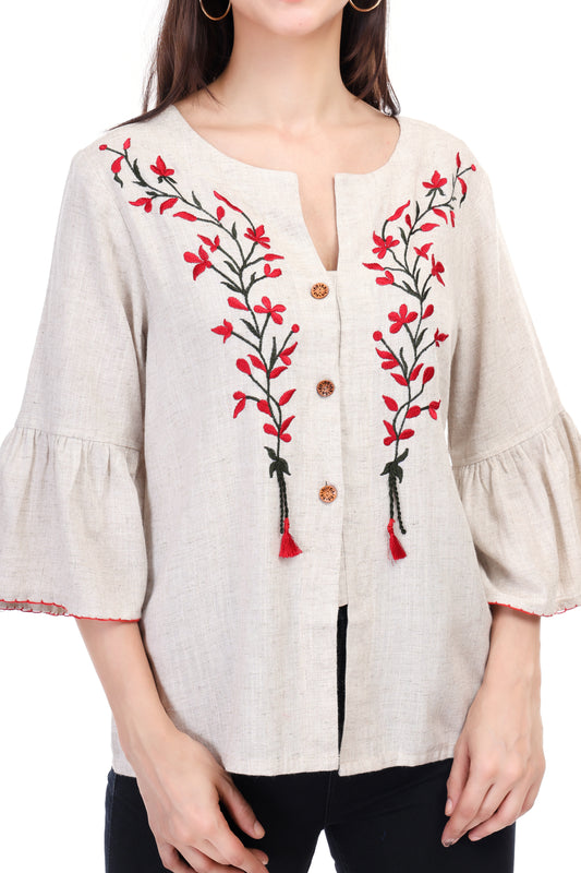 HUEGENZ Beige Women's Floral Embroidered Linen Top