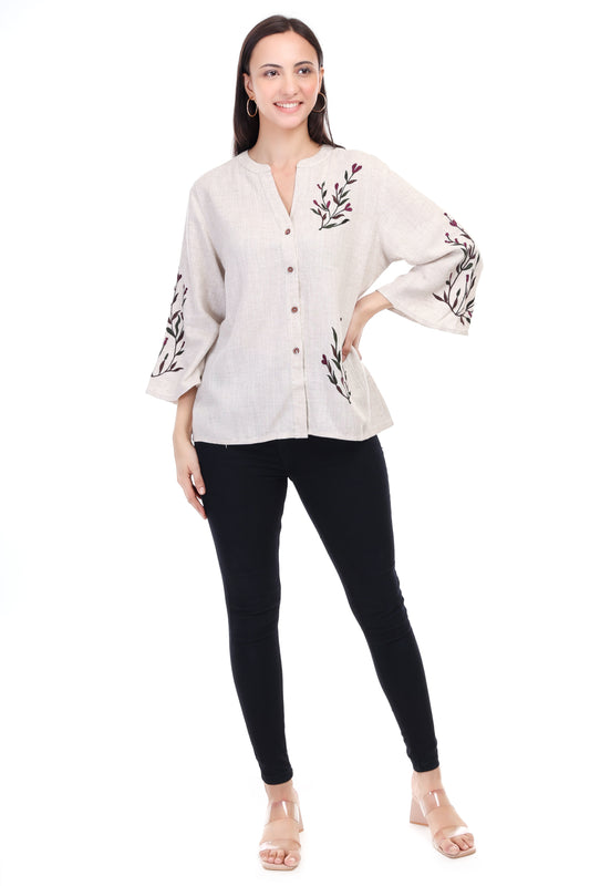 HUEGENZ Beige Women's Floral Embroidered Linen Top