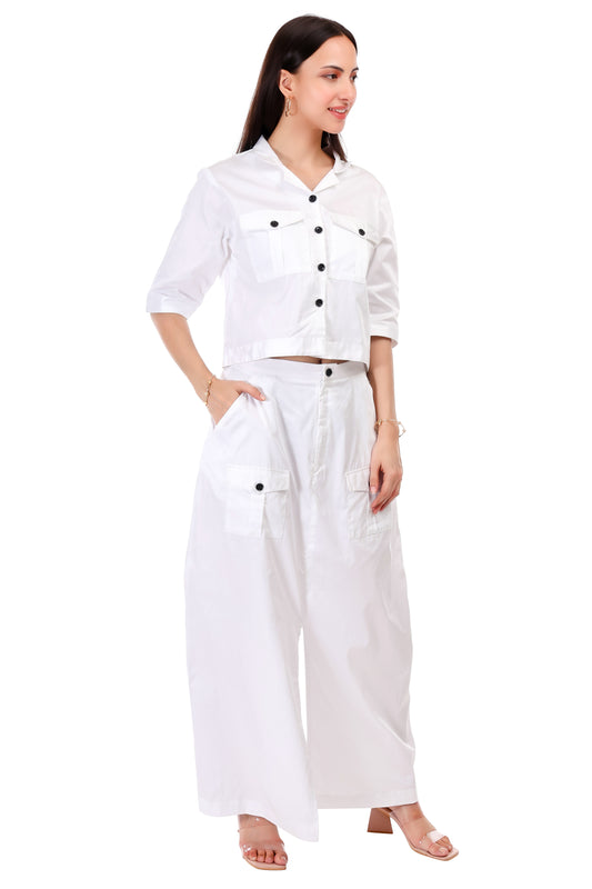 HUEGENZ Two-Piece White Cotton Set, Short Sleeves Crop Top with Collar, Button-Down Maxi Skirt