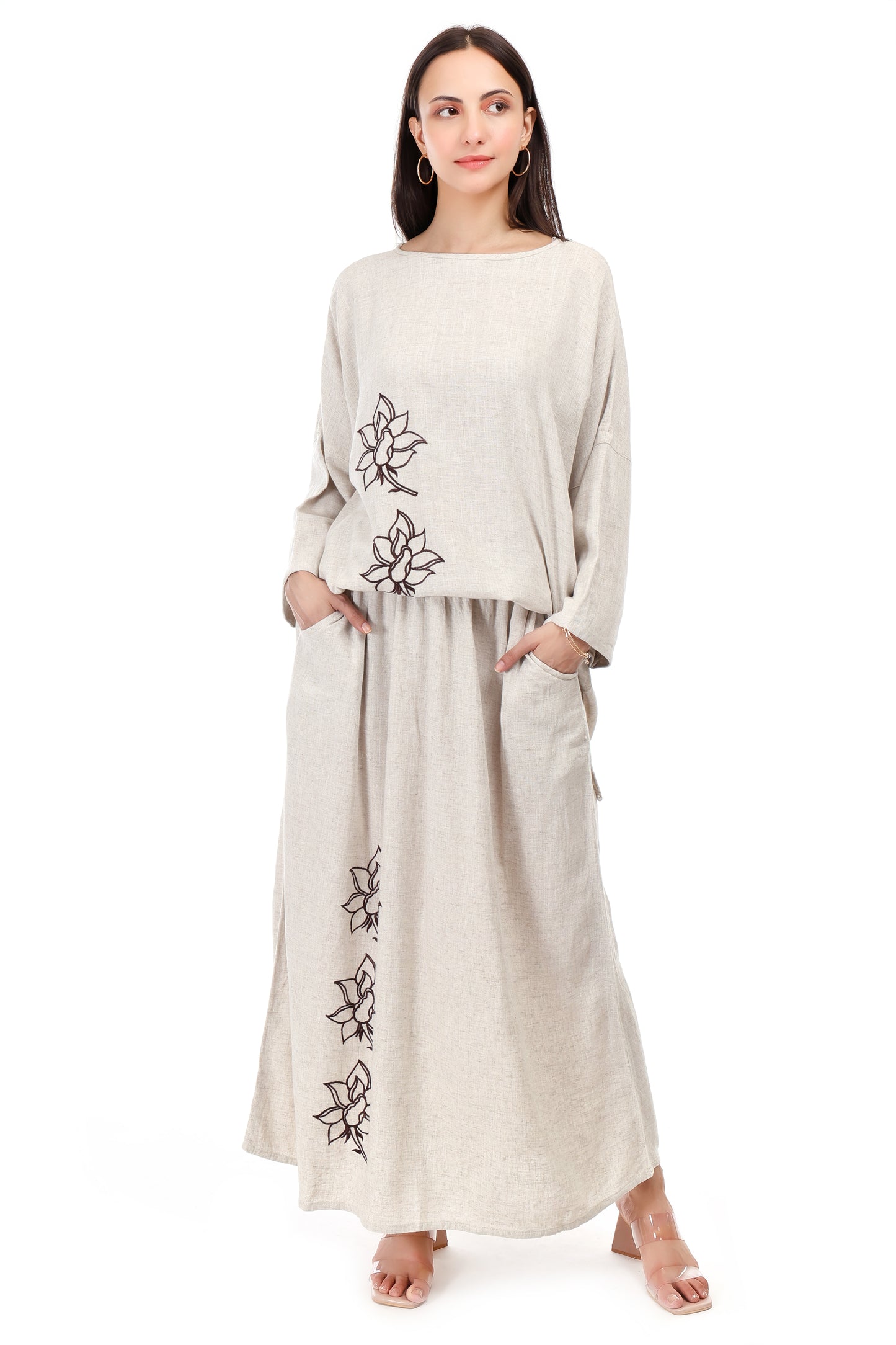 Huegenz Women's Beige Two-Piece Co-Ord Set in Viscose Linen with Floral Embroidery
