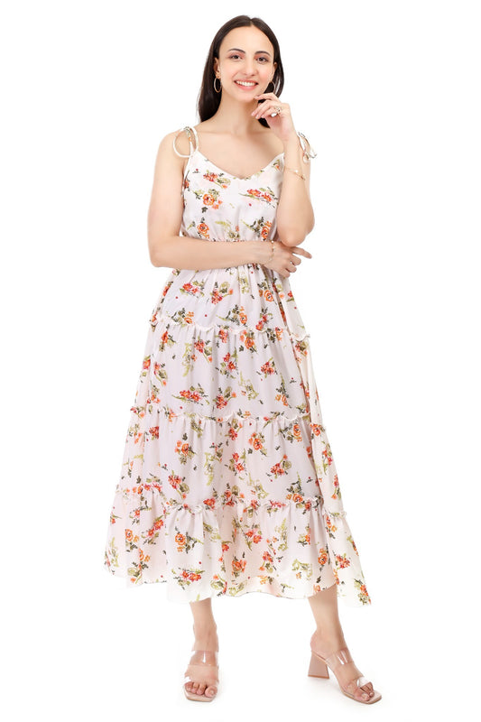 Floral Tiered Maxi Dress with Shoulder Tie Straps – Poly Crepe