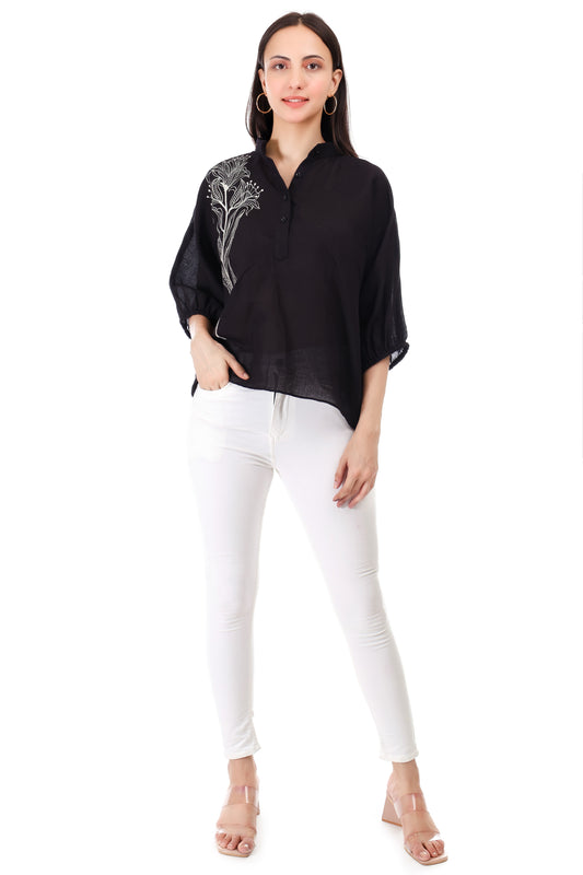 Huegenz Cotton Linen Casual Top | Embroidered Top with 3/4 Kimono Sleeves & Mandarin Collar | Ideal for Casual & Stylish Look | Color- Black |