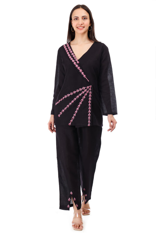 Huegenz Women's Black Two-Piece Co-Ord Set in Viscose Rayon with Floral Embroidery