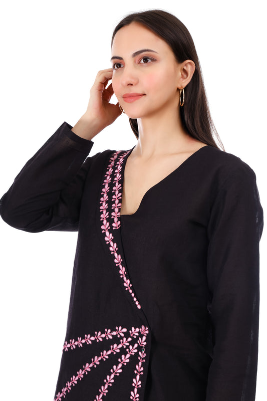 Huegenz Women's Black Two-Piece Co-Ord Set in Viscose Rayon with Floral Embroidery