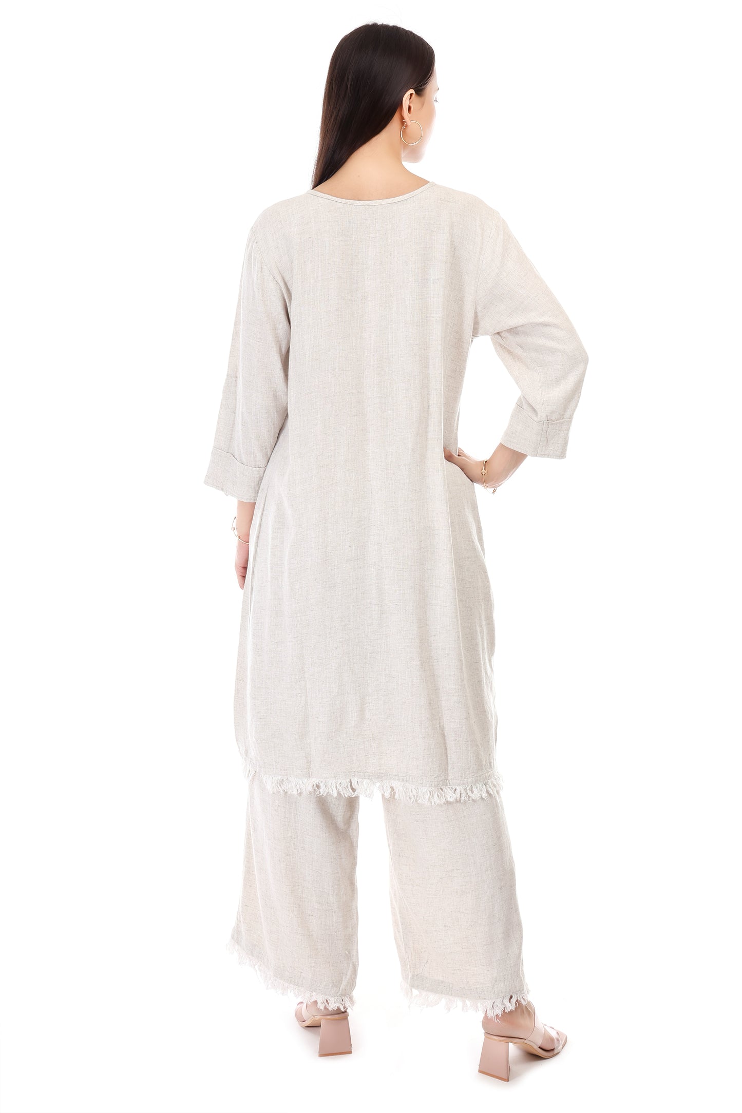 Huegenz Women's Beige Two-Piece Co-Ord Set in Viscose Linen