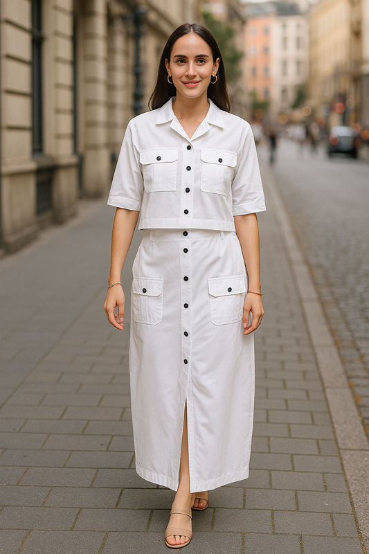 HUEGENZ Two-Piece White Cotton Set, Short Sleeves Crop Top with Collar, Button-Down Maxi Skirt
