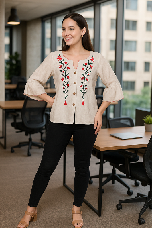 HUEGENZ Beige Women's Floral Embroidered Linen Top