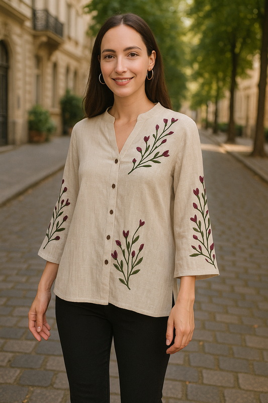 HUEGENZ Beige Women's Floral Embroidered Linen Top