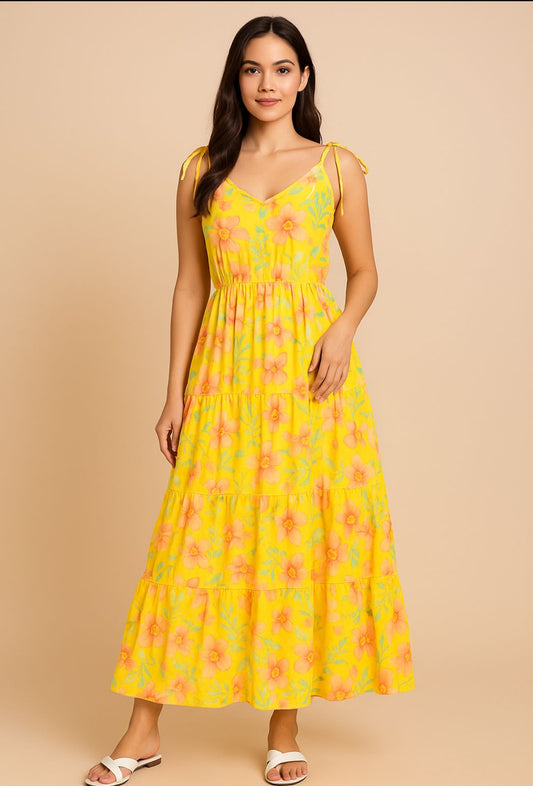 Women’s Yellow Floral Crepe Maxi Dress