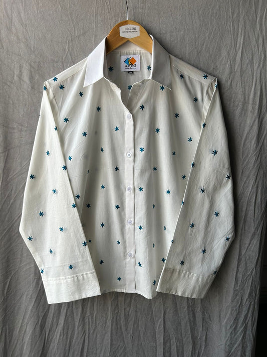 Huegenz White Cotton Shirt with Blue Star Embroidery