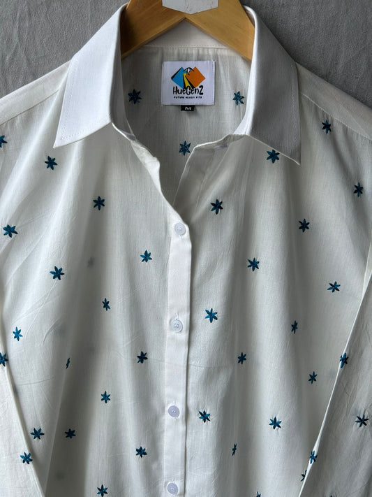 Huegenz White Cotton Shirt with Blue Star Embroidery