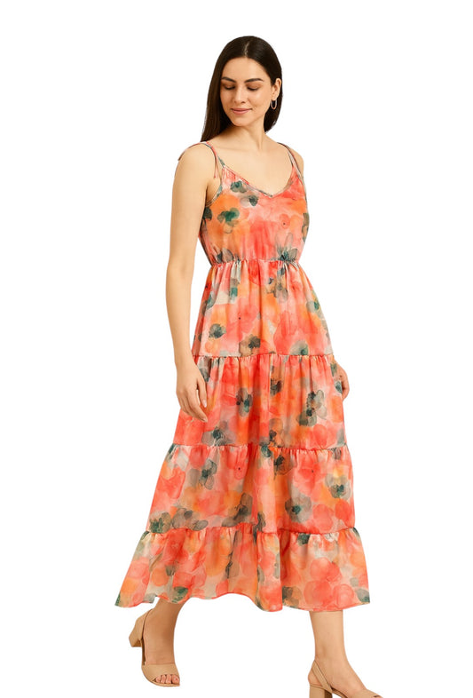 Peach Floral Tiered Maxi Dress – Crepe Fabric
