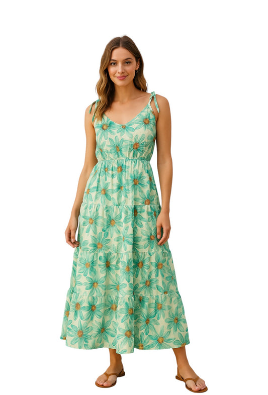 Mint Green Floral Tiered Maxi Dress – Crepe Fabric